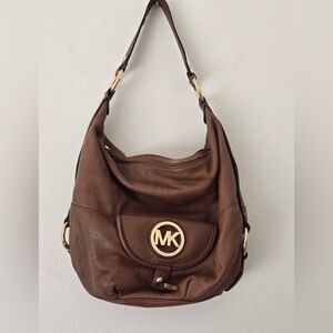Michael Kors Brown Pebbled Leather Hobo Shoulder Bag Gold Logo MK